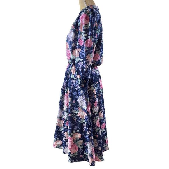 80s Vintage California Looks Dark Blue and Pink Floral Crepe Midi Dress Size 12 - Picture 3 of 6